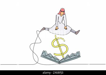 Ligne continue unique dessinant homme d'affaires arabe sautant par-dessus l'écueil avec un appât de signe de dollar de grand argent. Escroquerie d'investissement financier. Piège de devenir riche Illustration de Vecteur