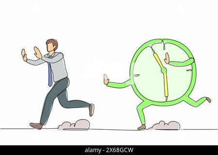 Le dessin de ligne continue unique a souligné l'homme d'affaires étant poursuivi par le temps, la date limite. Planification des plannings, productivité et gestion du temps. Dynamic One Illustration de Vecteur