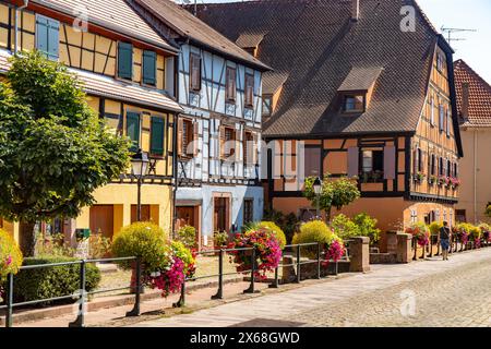 Maisons colorées à colombages dans la vieille ville de Ribeauville, Alsace, France Banque D'Images