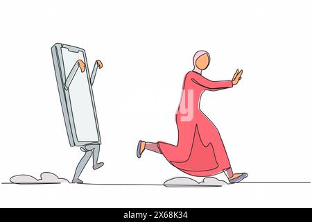 Simple une ligne dessinant peur femme d'affaires arabe pourchassée par smartphone. Employée effrayée de parler avec le patron. Concept de métaphore minimal. C Illustration de Vecteur