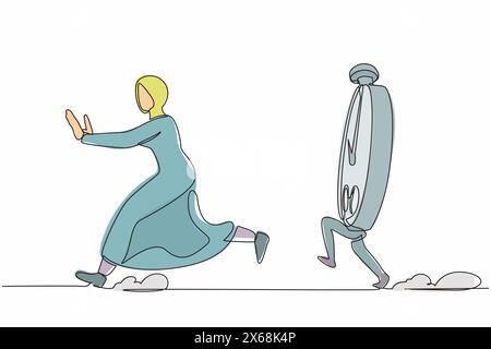 Une ligne continue dessinant la peur femme d'affaires arabe poursuivie par le chronomètre. Responsable féminin effrayé dans la mesure du projet. Métaphore minimaliste. S Illustration de Vecteur