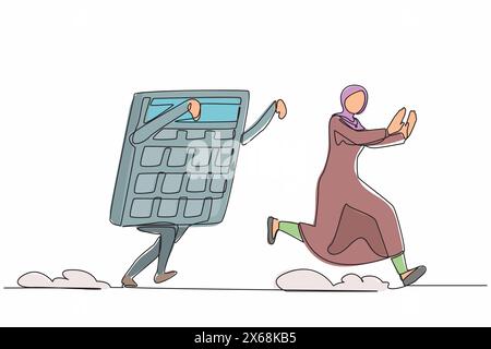 Simple ligne continue dessinant la peur femme d'affaires arabe poursuivie par la calculatrice. Employé féminin difficile dans les calculs du projet d'entreprise. Illustration de Vecteur