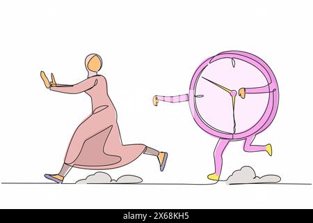 Continue d'une ligne dessinant la peur femme d'affaires arabe étant pourchassée par le temps, la date limite. Gestionnaire féminin effrayé par l'objectif de calendrier du projet, la productivité Illustration de Vecteur