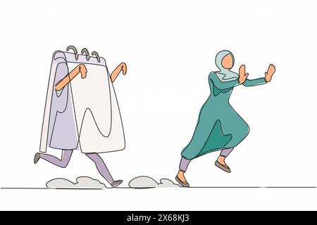 Simple une ligne dessinant la peur femme d'affaires arabe pourchassée par le calendrier. Employé féminin effrayé avec la date limite du calendrier du projet. Métaphore minimale. C Illustration de Vecteur