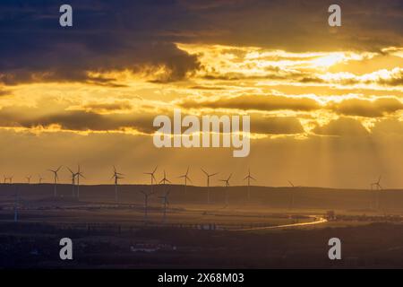 Petronell-Carnuntum, éoliennes, coucher de soleil à Donau, basse-Autriche, Autriche Banque D'Images