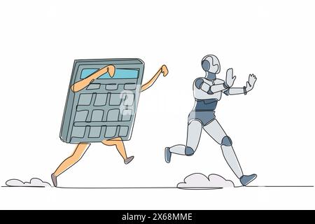 Robot de contrainte dessinant une ligne continue unique poursuivi par la calculatrice. Difficile dans les calculs du projet d'entreprise. Intelligence artificielle robotique Illustration de Vecteur