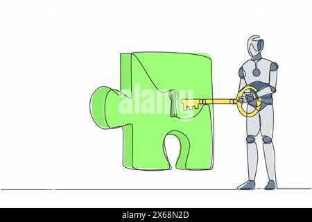 Robot de dessin de ligne continue unique mettant une grande clé dans une pièce de puzzle. Travail d'équipe et partenariat résoudre des tâches complexes. Intelli artificiel robotique Illustration de Vecteur