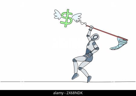 Robot de dessin continu d'une ligne essayer d'attraper le symbole de signe de dollar volant avec filet de papillon. Finance crise économique. Robot humanoïde cybernétique org Illustration de Vecteur