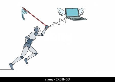 Robot de dessin continu d'une ligne essayer d'attraper l'ordinateur portable volant avec filet papillon. Calcul de données système pour l'efficacité du travail. Org. Cybernétique robot Illustration de Vecteur