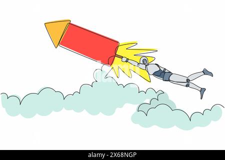 Robot de dessin de ligne continue unique voler sur des fusées de feux d'artifice tout en regardant les opportunités d'affaires. Intelligence artificielle robotique moderne. Dynamique Illustration de Vecteur
