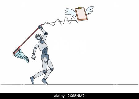Robot de dessin de ligne continue simple essayer d'attraper le presse-papiers volant avec filet papillon. Technologie pour le document de liste de contrôle. Intestin artificiel robotique Illustration de Vecteur