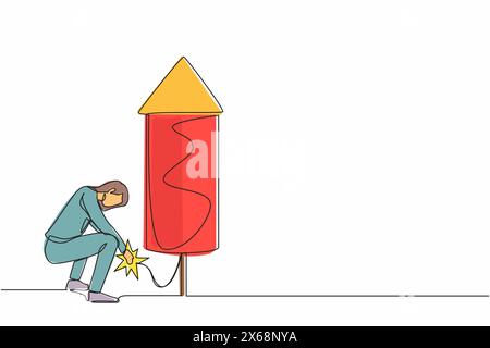 Continu une ligne dessinant femme d'affaires intelligente lançant une fusée de feu d'artifice. Augmenter la croissance de l'entreprise ou le boom économique, concept de développement de carrière. Singl Illustration de Vecteur