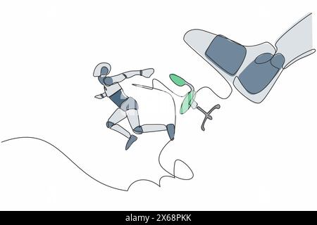 Dessin continu d'une ligne petit robot expulsé par un gros pied. Robot écarté de la chaise par des pieds géants. Organisme cybernétique robotique humanoïde. Chantez Illustration de Vecteur