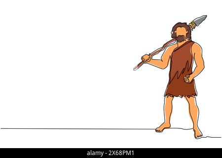 Ligne continue unique dessinant l'homme préhistorique tenant la lance de pierre sur les épaules. Chasse primitive. Chasseur de l'âge de pierre. Homme chassant une anima ancienne Illustration de Vecteur