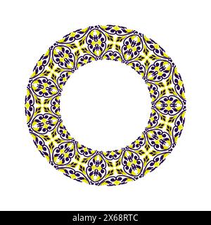 Un cercle avec un motif d'ornement jaune et bleu. Le cercle est blanc et les fleurs sont de différentes tailles et formes. Illustration de Vecteur