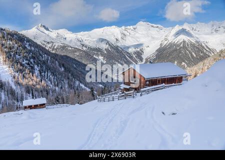 Italie, Tyrol du Sud, province autonome de Bolzano, valle Aurina / Ahrntal, les maisons rustiques de Mitterberger Almen dans la vallée du Rio Bianco / Weissenbach Tal Banque D'Images