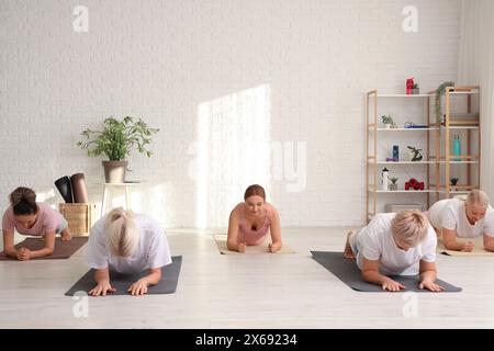 Groupe de femmes matures faisant de la planche dans le gymnase Banque D'Images