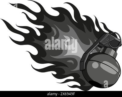 illustration vectorielle de grenade à main monochrome avec des flammes Illustration de Vecteur