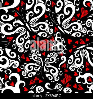Papillons graphiques et coeurs rouges motif sans couture sur un fond sombre. dessin à la main. Pas ai, illustration vectorielle Illustration de Vecteur