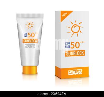 Crème de lotion pour bouteille à écran solaire. Protection de fond solaire bloc cosmétique isolé uv, maquette de produit de soins solaires Illustration de Vecteur