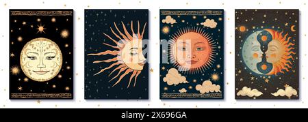 ensemble de couvertures d'illustrations vectorielles avec des images stylisées du soleil et de la lune avec une atmosphère mystique et des motifs inspirés du folklore Illustration de Vecteur