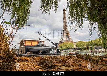 Tour Eiffel vue du sol des rives de la Seine par temps nuageux, au-dessus de feuilles brunes d'arbres Banque D'Images