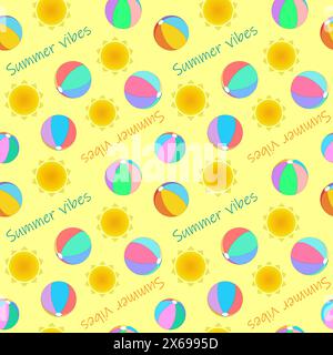 Balles de plage pour enfants, lettres de soleil et d'été vibes sur fond jaune. Summertime. Motif coloré sans couture vectoriel. Illustration de Vecteur