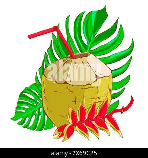 Noix de coco verte avec paille rouge, feuille de monstera et fleur tropicale. Boisson tropicale exotique. Illustration dessinée à la main dans un style plat sur fond blanc. Ill Banque D'Images