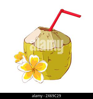 Cocktail à la noix de coco décoré de fleurs de plumeria jaune. Boisson fraîche tropicale. Illustration dessinée à la main dans un style plat isolé sur fond blanc. Banque D'Images