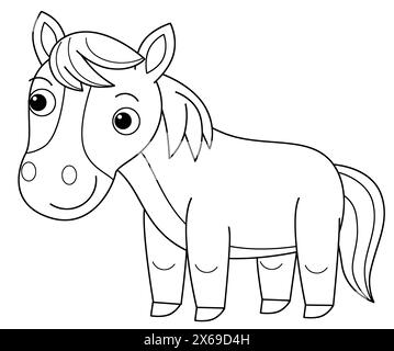 scène de dessin animé avec la page de coloration de cheval de poney d'étalon animal de ranch de ferme dessin illustration de fond isolée pour les enfants Banque D'Images