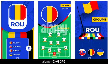 Équipe de Roumanie Football 2024 bannière verticale définie pour les médias sociaux. Bannière Football 2024 avec groupe, drapeau d'épingle, calendrier des matchs et alignement sur le terrain de football Illustration de Vecteur