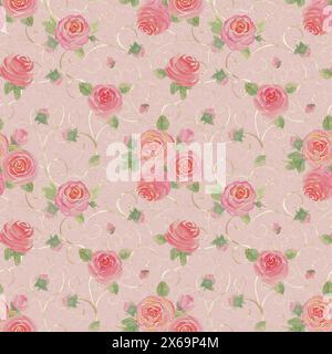 Fleurs de roses d'aquarelle. Magnifique motif fleuri sans coutures. Aquarelle dessin à la main printemps été illustration botanique sur fond rose pastel. PR Banque D'Images
