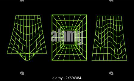Modèles filaires 3D d'objets ligne de réseau. Formes géométriques atmosphère future. Design rétro futuriste pour élément technologique ou scientifique. Fond noir. Illustration vectorielle. Illustration de Vecteur