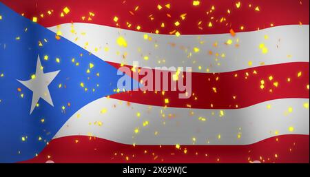 Image de confettis tombant sur le drapeau agitant de porto rico en arrière-plan Banque D'Images