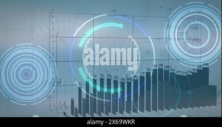 Image de graphiques avec des nombres changeants sur des cercles de chargement sur un fond abstrait Banque D'Images