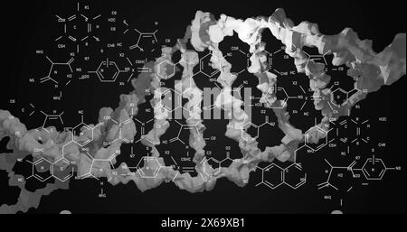 Image de structures chimiques sur un brin d'adn tournant sur fond noir Banque D'Images