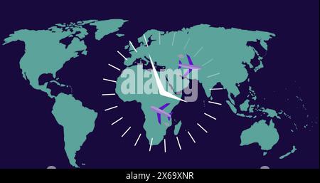 Image de l'horloge se déplaçant au-dessus des avions et de la carte du monde Banque D'Images