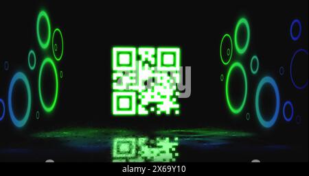 Image d'un scanner de code qr vert néon scintillant et de formes circulaires sur fond noir Banque D'Images