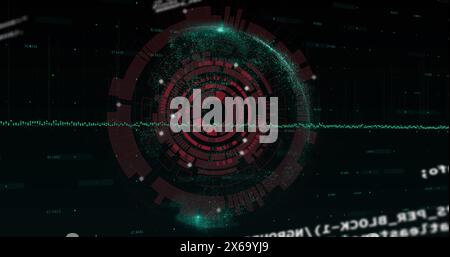 Image d'un scanner rond rouge tournant sur le traitement des données et d'un globe sur fond noir Banque D'Images