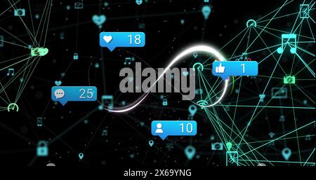 Image des icônes de médias sociaux et icône de l'infini contre globes et réseau d'icônes numériques Banque D'Images