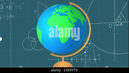 Image de l'icône du modèle de globe et des équations mathématiques sur le réseau de grille sur fond bleu Banque D'Images
