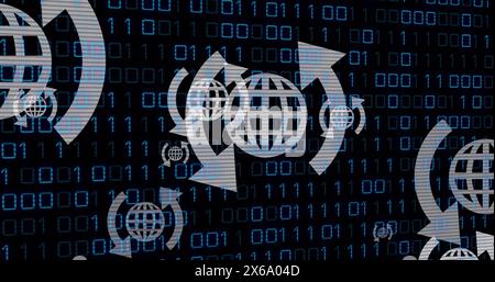 Image d'une flèche autour de globes sur des codes binaires en boucle sur fond noir Banque D'Images