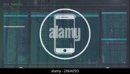 Image de l'icône du smartphone sur l'interface avec le traitement des données statistiques sur fond gris Banque D'Images