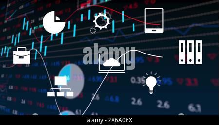 Image d'icônes numériques sur le traitement des données statistiques et boursières sur fond bleu Banque D'Images