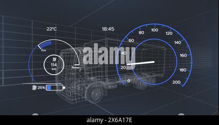 Image du modèle de voiture 3D et du compteur de vitesse sur fond sombre Banque D'Images