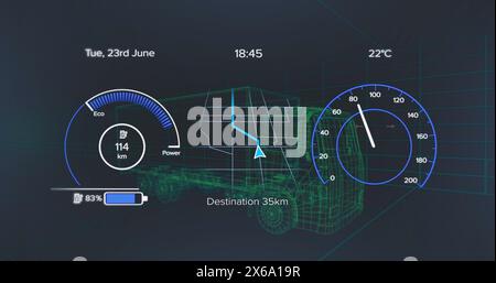 Fond vert affichant l'état du véhicule électrique, y compris la vitesse et la batterie Banque D'Images