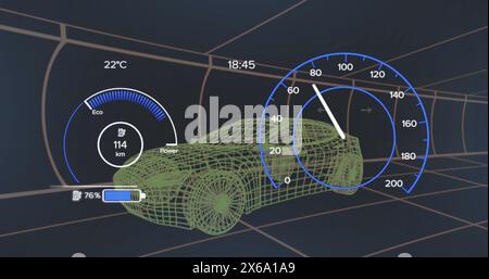 Image du modèle de voiture 3D et du compteur de vitesse sur fond sombre Banque D'Images