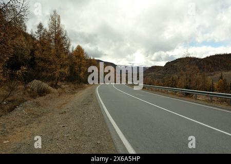 Le virage d'une route asphaltée à deux voies le long de mélèzes bas jaunis sur les côtés de la route avec pour toile de fond de hautes montagnes. Chuisky tract, Altaï, Banque D'Images