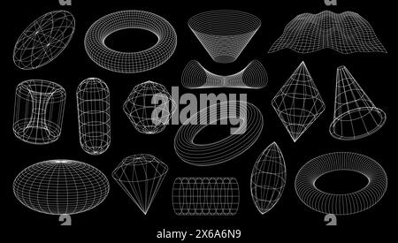 Formes filaires 3D, grilles brutales et technologiques ou maillage perspective rétro, formes vectorielles. Formes géométriques abstraites en fil de fer ou éléments graphiques isométriques en maille filaire de cercle, globe et tunnel Illustration de Vecteur