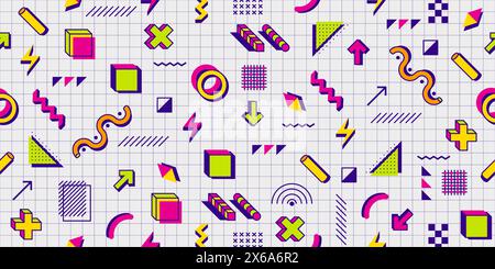 80s 90s fond de modèle Memphis. Ornement géométrique abstrait vectoriel sans couture avec des formes et des éléments modernes rétro sur la page de cahier à carreaux. Tuile décorative vibrante avec des figures créatives lumineuses Illustration de Vecteur